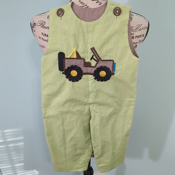 Le za me Boys Overalls Romper One Piece jeep applique 12M green plaid - Picture 1 of 4